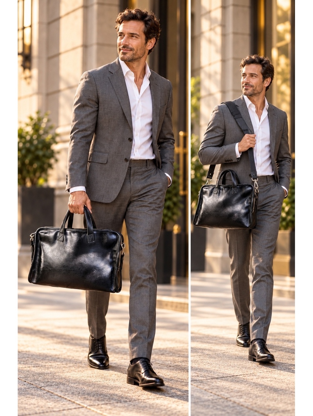 Officina Origi Italian Leather Briefcase Black Shoulder Strap & Handles Unisex
